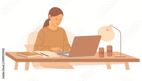 Young woman working on a laptop at a desk with a lamp and notebook, illustration