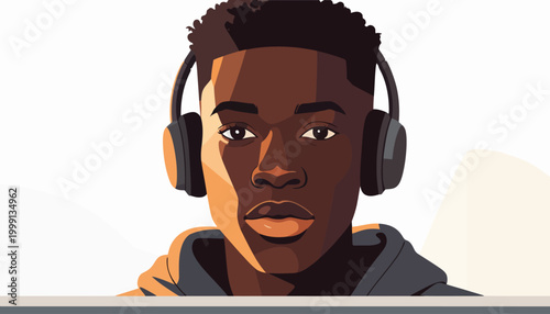 Close up shot of a young Black man wearing headphones, looking directly at the viewer, with soft lighting
