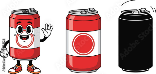 Soda Can Character Icon Set with Cartoon Soft Drink Mascot, Aluminum Beverage Packaging, Funny Smiling Expressions, Flat Vector Collection for Branding and Design