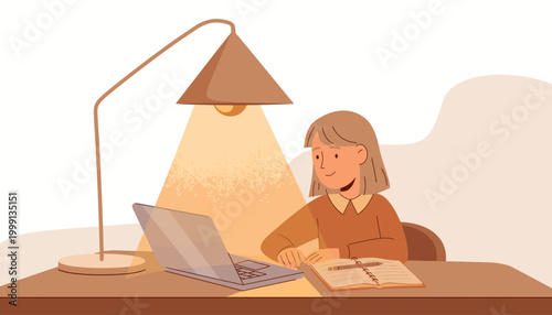 A young girl studying diligently under a desk lamp with a laptop and an open book
