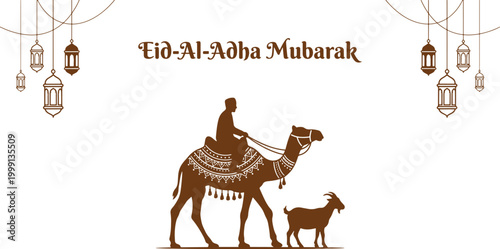 Eid al adha mubarak greeting with man riding camel and goat