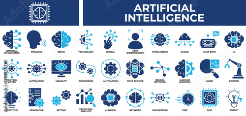 Artificial Intelligence icon set collection. Containing organ, mind, interaction, intelligence, vision, brain, expertise .Solid vector icons collection