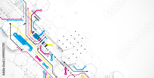 Abstract technological background with various elements. CMYK concept. Vector