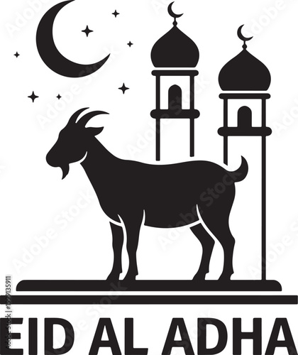 Eid al adha greeting design with goat and mosque silhouette
