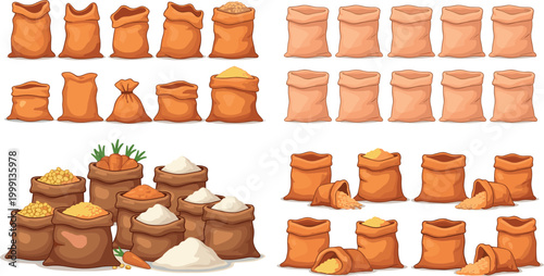 Flour sacks and grain bags set vector illustration collection wheat rice corn ingredients in burlap bags isolated food design pack