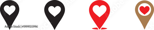 Location pin with heart icon set for love maps, romantic places, favorites and navigation apps.