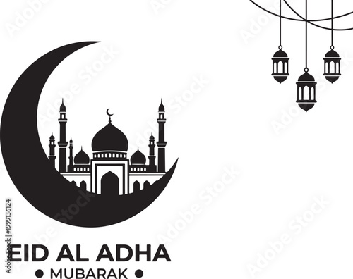 Eid al adha mubarak greeting with mosque and crescent moon