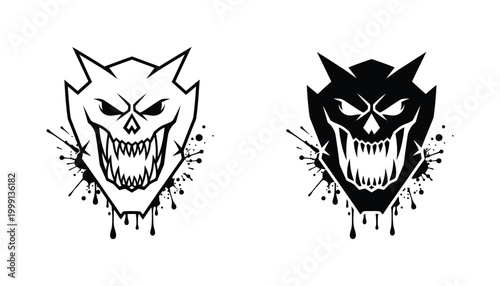 Aggressive wolf or monster head logo design with paint splatter effect in outline and solid black vector graphic format