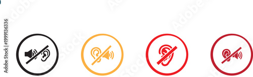 Hearing disability icon set with deaf ear and mute symbols for accessibility and no sound UI use.