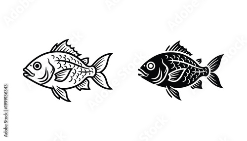 Detailed side profile fish vector illustration with textured scales in clean line art and solid black graphic style