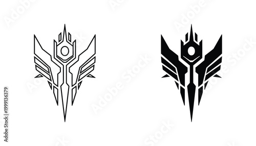 Futuristic mechanical crest emblem vector icon in technical outline and solid black silhouette for gaming and tech brands