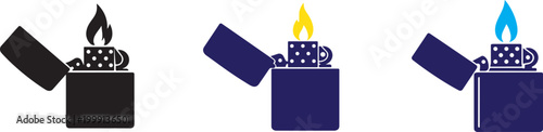 Gasoline lighter icon set with flame, spark and ignition symbols for fire start and fuel tools.