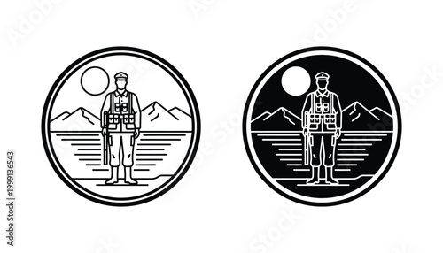 Soldier standing guard in mountainous landscape within circular frame featuring nature scenery in minimalist line art and solid black vector style