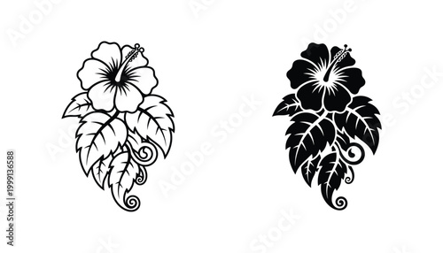 Hibiscus flower with tropical leaves in botanical arrangement vector illustration for summer concept design in black and white line art style