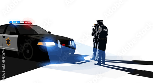 A vector-style illustration depicts two police characters standing near a police car with its headlights shining brightly, set against a clean white backdrop with dynamic shadows adding