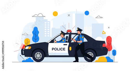 An illustration of two police officers in a black and white police car, driving on patrol through a stylized urban landscape with a flat vector design and vibrant, colorful accents