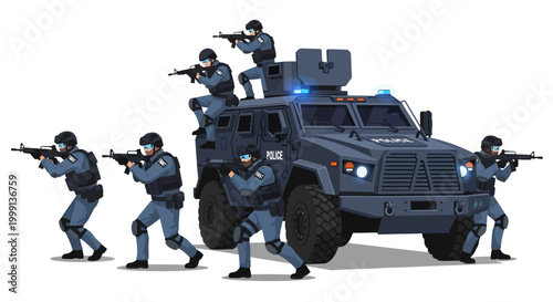 Illustrated tactical police unit takes aim from atop a SWAT vehicle against a clean white backdrop, rendered in a flat, graphic style with a cool blue color palette that conveys readiness