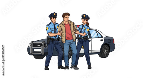 Stylized vector art showing a Caucasian man being apprehended by two police officers in uniform in front of a police car, set against a clean white background, conveying a serious tone