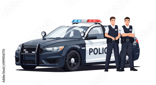 Modern vector illustration showing two police characters standing proudly in front of a patrol car against a clean white background, rendered with a flat design style and conveying a sense