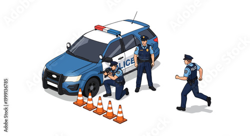 Isometric illustration featuring police officers in action near a patrol car, one kneeling and aiming a firearm, another running, with orange cones in the foreground against a clean white