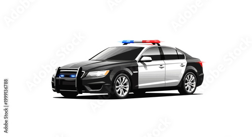 Detailed vector art illustration showcasing a black and white police car with red and blue lights on top, presented against a clean white background for a crisp, professional design