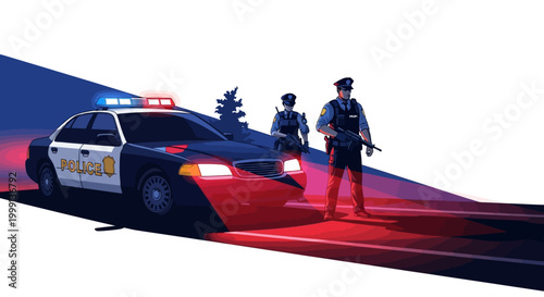 Illustrated scene depicting two serious police officers standing guard in front of a patrol car with its lights on, rendered with bold colors and dynamic lighting against a stark white