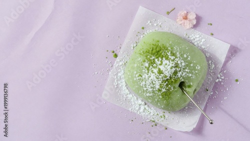 Matcha mochi rice cake with powder topping on purple background