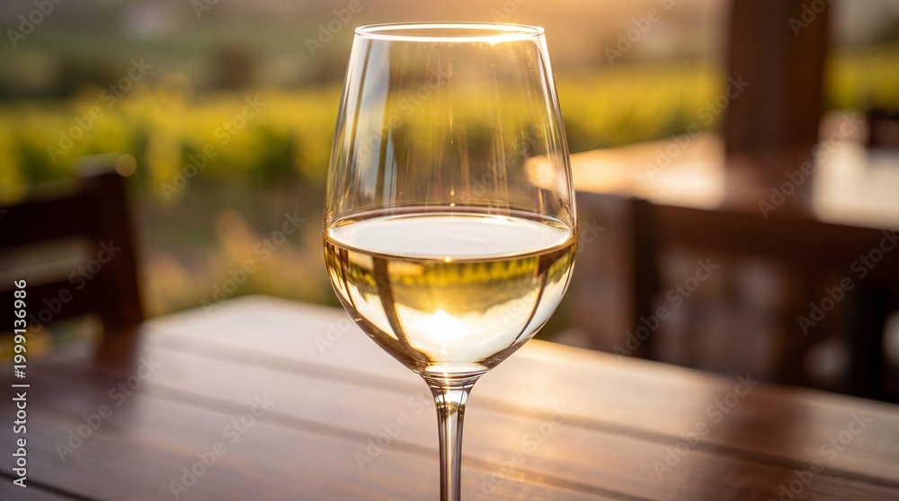 Fototapeta premium Glass of chardonnay wine backlit on wooden table in vineyard 