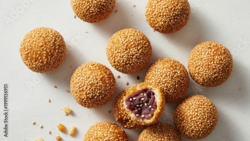 Fried Sesame Balls with Red Bean Paste Filling on White Background