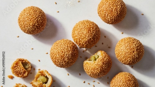 Sesame seed balls with mung bean paste filling on white background