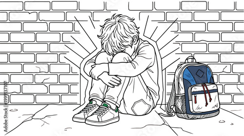 Sad boy sitting on floor alone near wall with backpack illustrating depression and bullying concept.