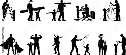 Father and son relationship silhouettes showing various activities including building painting and playing.