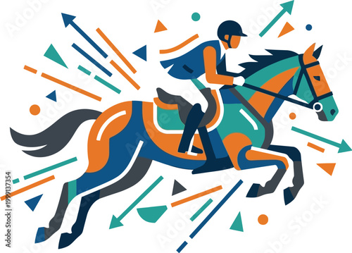 Horseback rider performs a powerful jump surrounded by abstract geometric shapes and directional arrows.