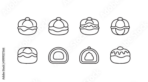 Assortment of sweet mochi desserts in simple line art style on white background