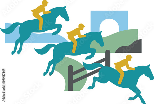 Equestrian jumpers navigate a series of fences in a stylized flat illustration representing show jumping.