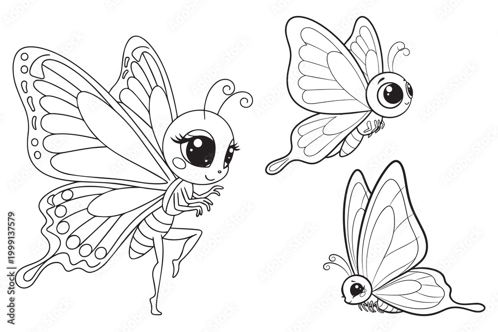 Fototapeta premium Beautiful butterflies with patterned wings in cartoon style. Simple insect outline drawing for children coloring book.