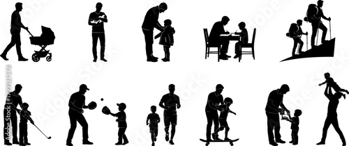 Set of father and child silhouettes engaging in various daily family activities.