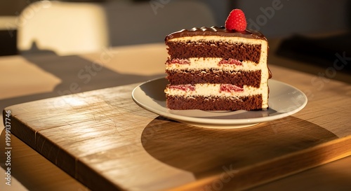 Chocolate layer cake with cream and berries on a wooden table.