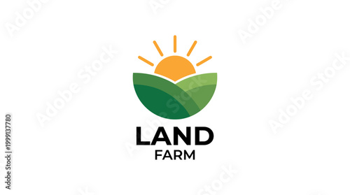 This logo displays a sun rising over green hills, embodying themes of growth and sustainability, ideal for a brand focused on agriculture and organic farming principles at Land Farm.