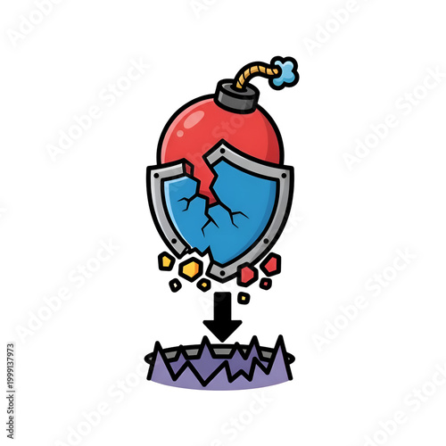Cartoon illustration of a broken shield protecting a red bomb falling into a trap.