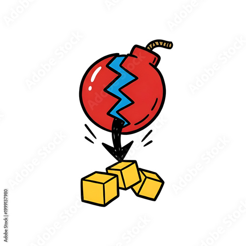 Cartoon bomb with a jagged crack dropping arrow onto yellow cubes.