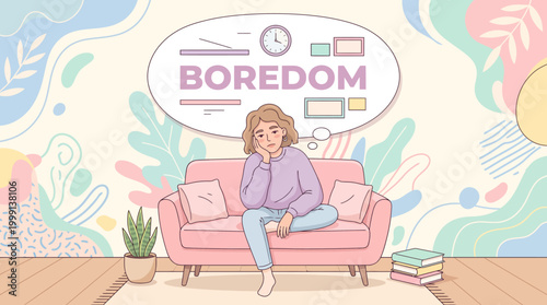 Young woman feeling bored on pastel living room sofa.