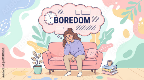Young woman sitting on sofa feeling bored at home with speech bubble illustration.