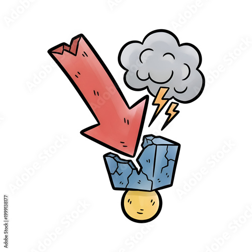 Cartoon illustration of a downward red arrow crashing into a broken block on a head.