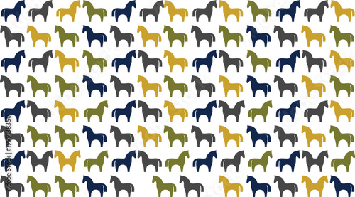 Horses stand in a structured grid formation featuring a diverse collection of colorful animal silhouettes.