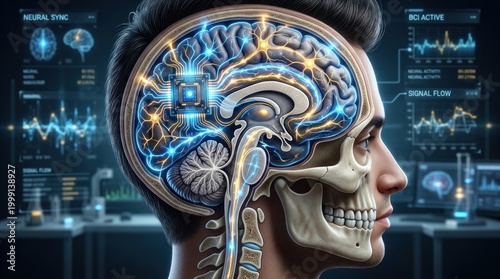 A digitally rendered image showcases a human head with a detailed cross-section revealing the brain's intricate neural pathways. 