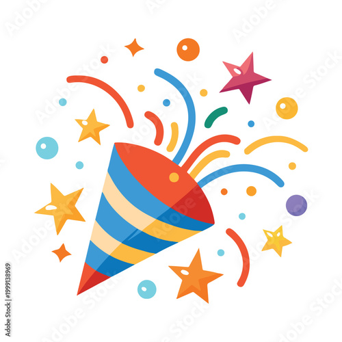 Colorful party horn with confetti and stars on white background for celebration and birthday wishes  festive and joyful atmosphere with vibrant colors and shapes