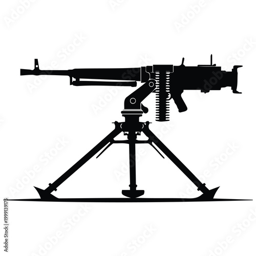 Cuadro en lienzo Machine gun silhouette vector illustration, heavy weapon on tripod, military weapon art