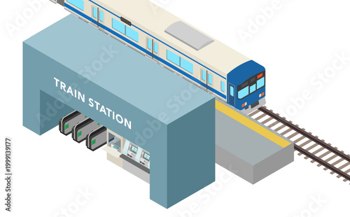 アイソメトリックイラスト：電車と駅