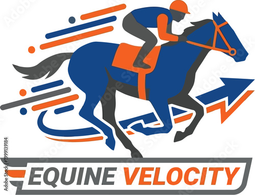 Jockey rides a galloping horse in a dynamic graphic emblem representing high speed and competitive equestrian performance.